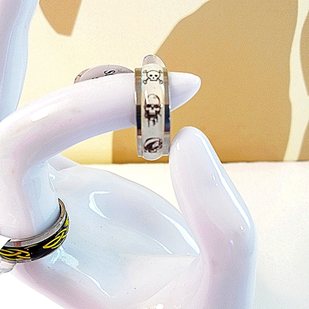 Silver Skull And Yellow Patterned Stackable Ring Set - Picture 2 of 8